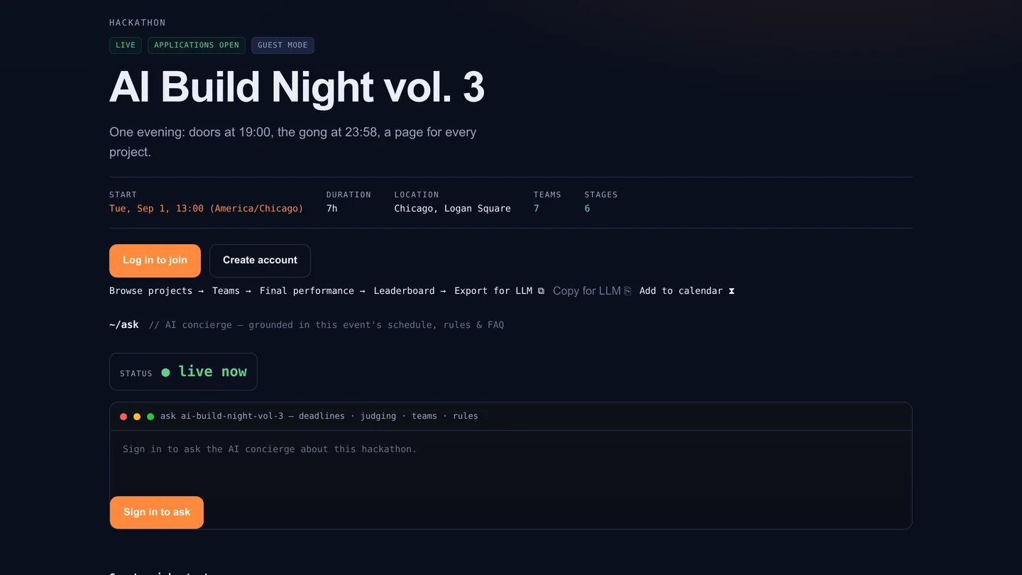 The event page while the evening is live: the name, doors and gong, start time, duration, location, the number of teams and stages, and a green live-now status.