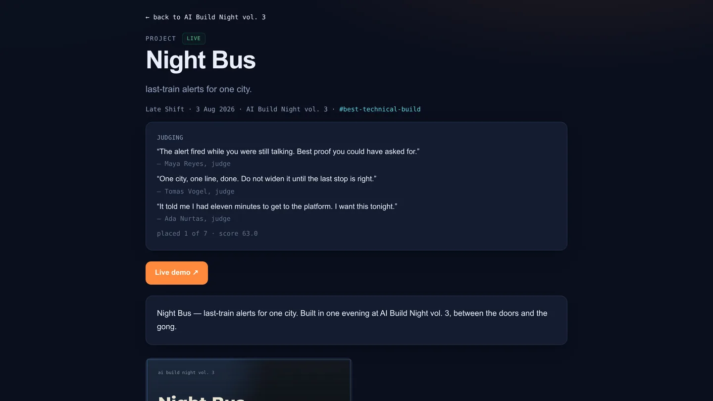 A project page: the title and tagline, the team, the date and the evening it was built at, three judges' sentences with their names, and one quiet line with the placement.