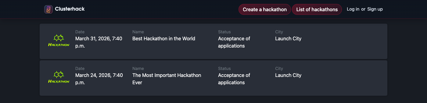 ClusterHack event list preview